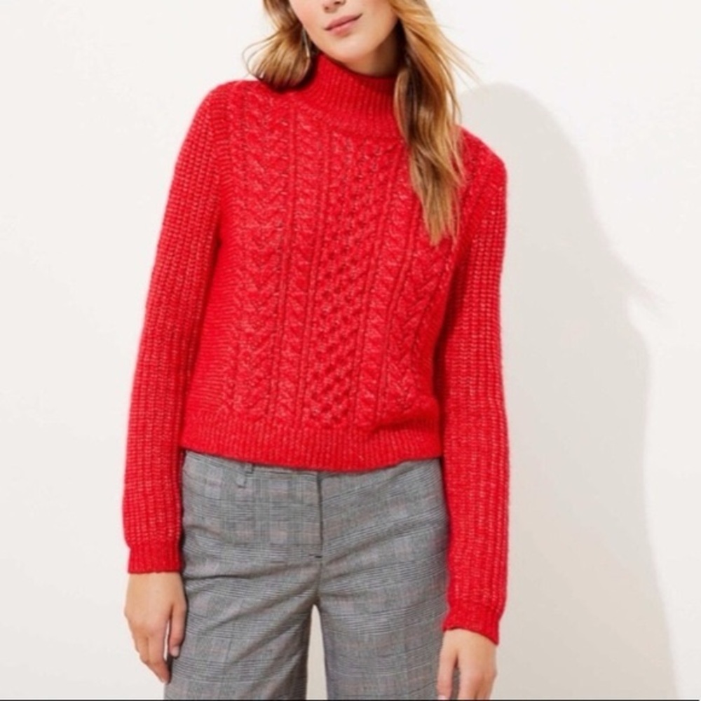 LOFT NEW Cable Knit Mock Neck Wool Blend Stretch Knit Holiday Sweater Red